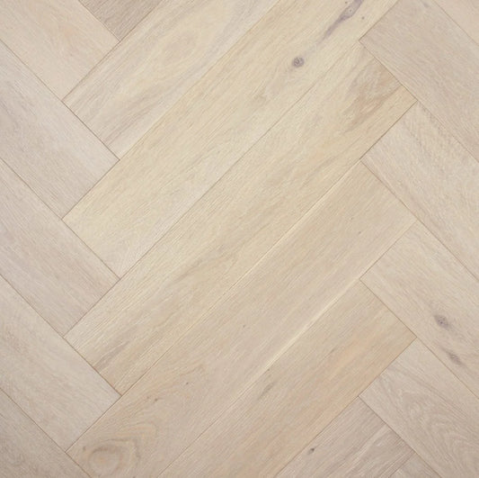Chateau Grey De Marque Oak Herringbone parquetry, pre-finished European Oak with soft whitewashed pale grey, from the Kawana Flooring De Marque parquetry collection