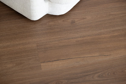 Coastal Collection Maleny Spotted Gum luxury vinyl plank flooring with a cream boucle sofa in a Sunshine Coast living room