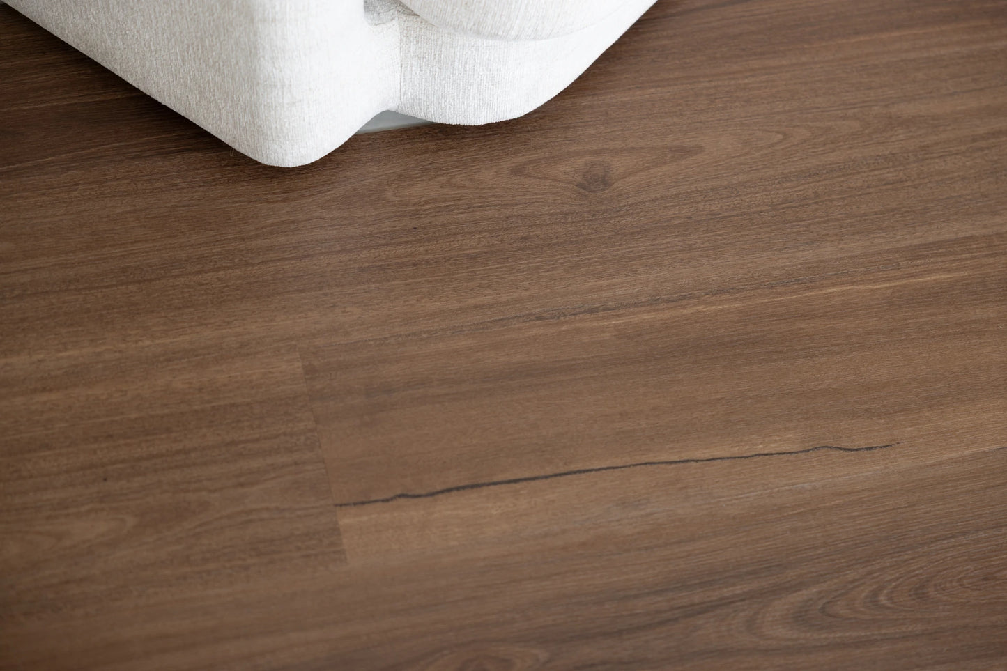 Coastal Collection Maleny Spotted Gum luxury vinyl plank flooring with a cream boucle sofa in a Sunshine Coast living room