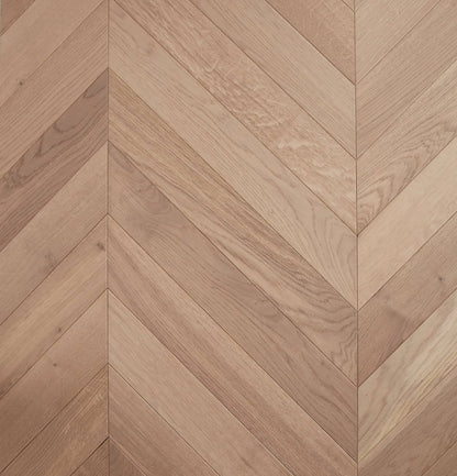 Champagne De Marque Oak Chevron parquetry, pre-finished European Oak with warm pale honey tone, from the Kawana Flooring De Marque parquetry collection