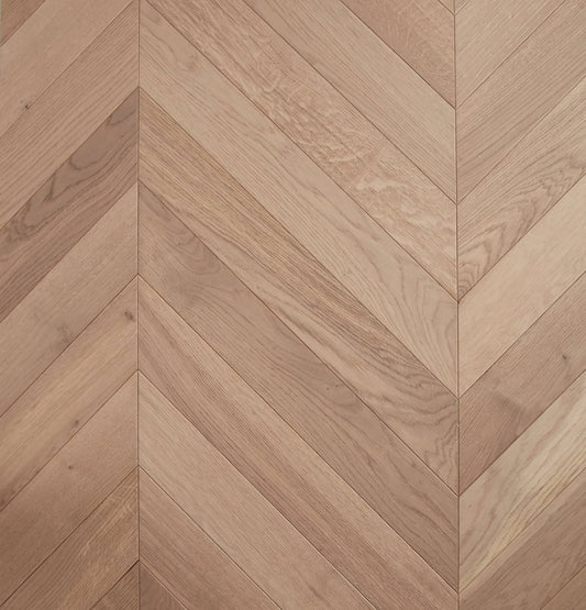 Champagne De Marque Oak Chevron parquetry, pre-finished European Oak with warm pale honey tone, from the Kawana Flooring De Marque parquetry collection