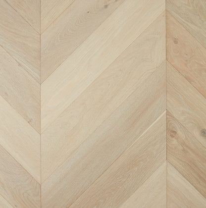 Chateau Grey De Marque Oak Chevron parquetry, pre-finished European Oak with soft whitewashed pale grey, from the Kawana Flooring De Marque parquetry collection