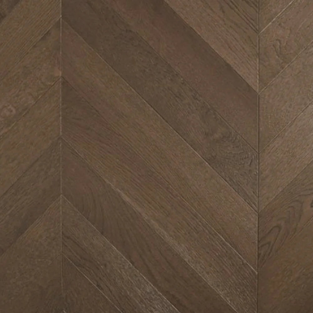 Dark Brown De Marque Oak Chevron parquetry, pre-finished European Oak with deep rich brown, from the Kawana Flooring De Marque parquetry collection