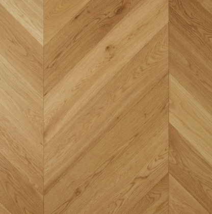 Latte De Marque Oak Chevron parquetry, pre-finished European Oak with warm milk-coffee tone, from the Kawana Flooring De Marque parquetry collection
