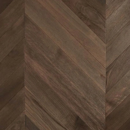 Mink Grey De Marque Oak Chevron parquetry, pre-finished European Oak with deep grey-brown, from the Kawana Flooring De Marque parquetry collection