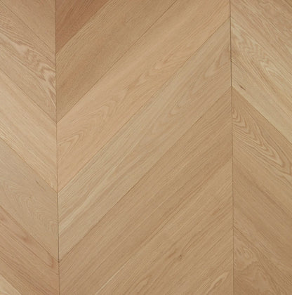 Pure Natural De Marque Oak Chevron parquetry, pre-finished European Oak with natural pale oak tone, from the Kawana Flooring De Marque parquetry collection