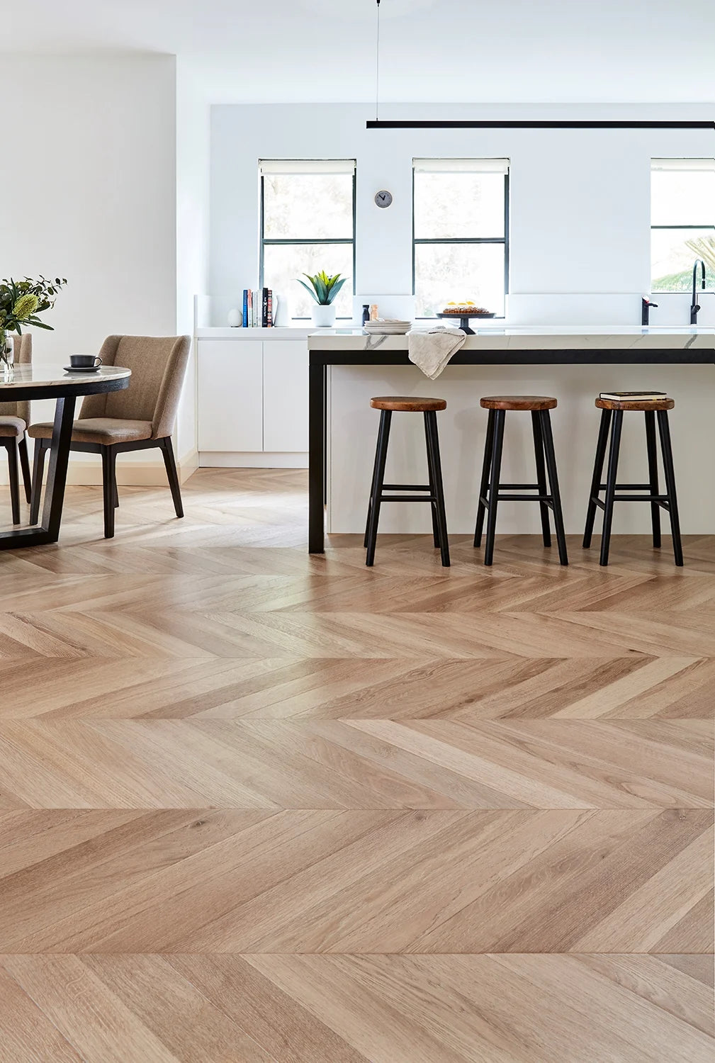 Riesling De Marque Oak Chevron parquetry, pre-finished European Oak with warm pale natural tone, from the Kawana Flooring De Marque parquetry collection