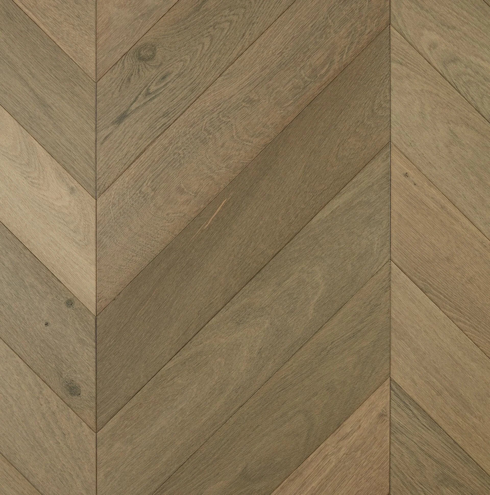 Storm De Marque Oak Chevron parquetry, pre-finished European Oak with cool muted grey, from the Kawana Flooring De Marque parquetry collection
