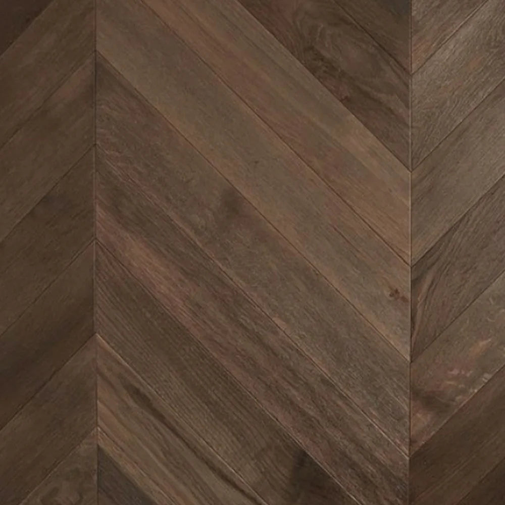 Vintage De Marque Oak Chevron parquetry, pre-finished European Oak with warm aged-brown tone, from the Kawana Flooring De Marque parquetry collection