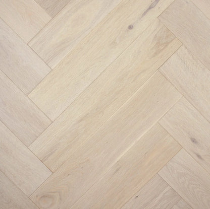Chateau Grey De Marque Oak Herringbone parquetry, pre-finished European Oak with soft whitewashed pale grey, from the Kawana Flooring De Marque parquetry collection