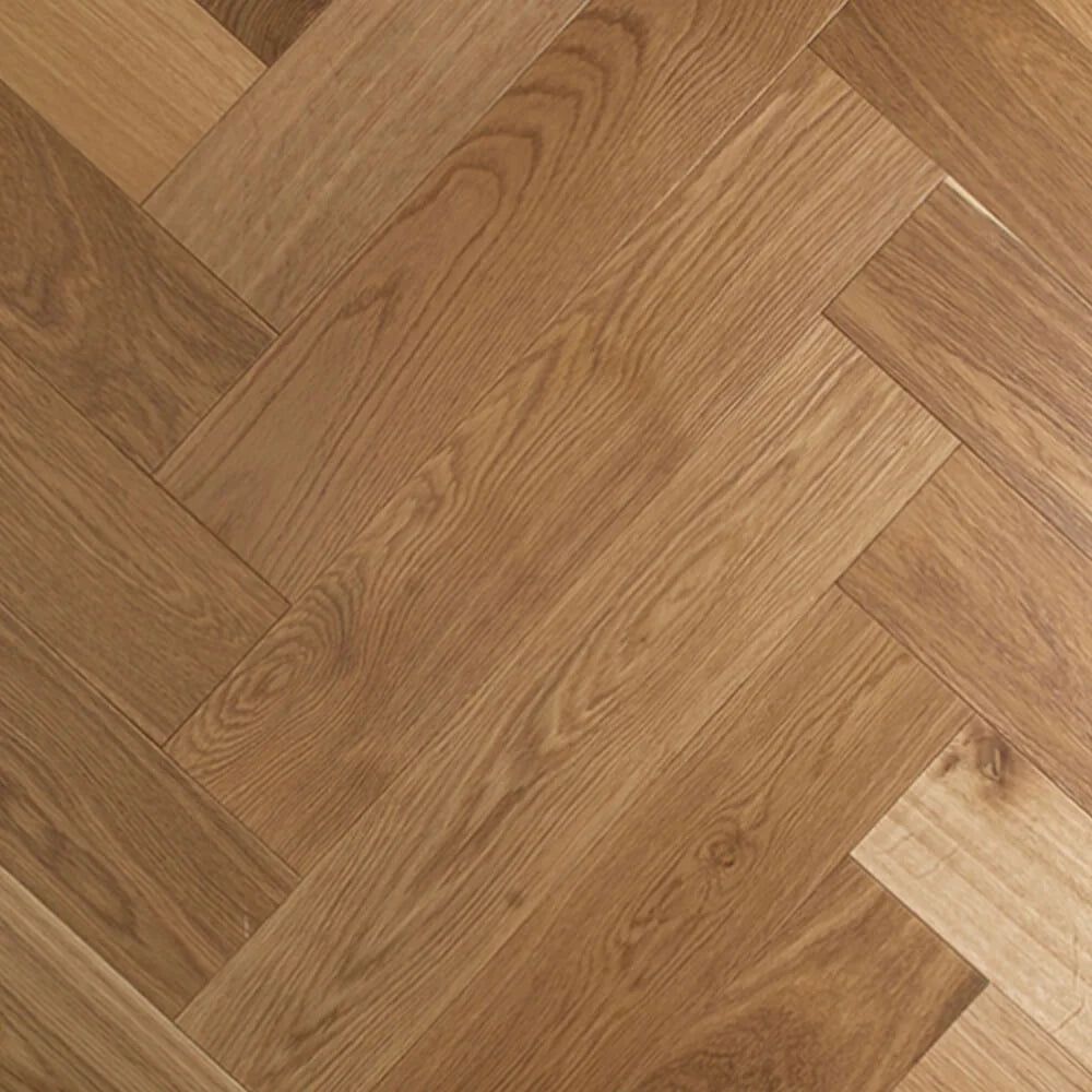 Cognac De Marque Oak Herringbone parquetry, pre-finished European Oak with rich warm tan-brown, from the Kawana Flooring De Marque parquetry collection