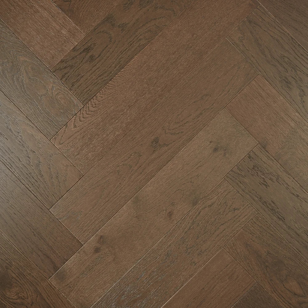 Dark Brown De Marque Oak Herringbone parquetry, pre-finished European Oak with deep rich brown, from the Kawana Flooring De Marque parquetry collection
