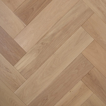 Pure Natural De Marque Oak Herringbone parquetry, pre-finished European Oak with natural pale oak tone, from the Kawana Flooring De Marque parquetry collection