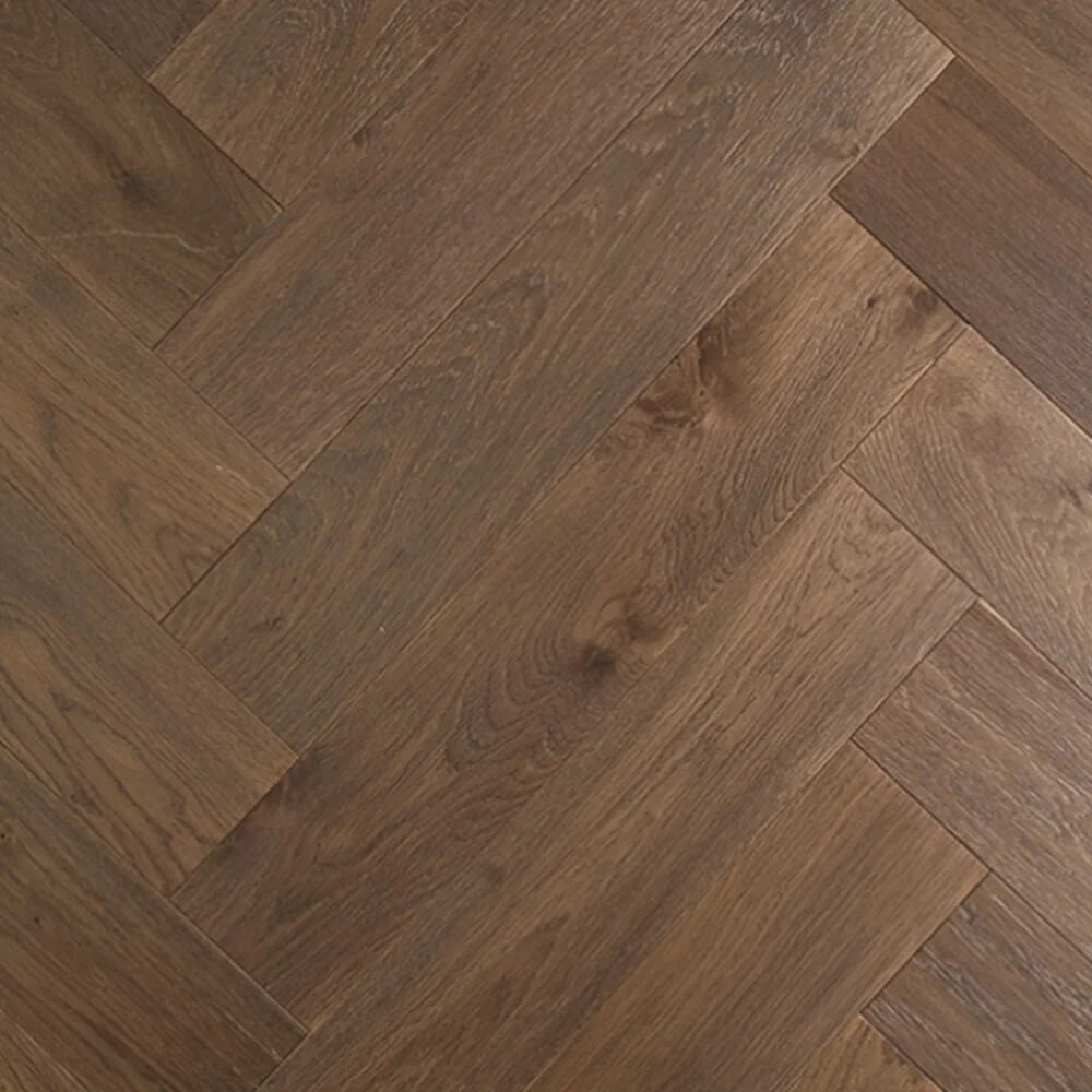 Vintage De Marque Oak Herringbone parquetry, pre-finished European Oak with warm aged-brown tone, from the Kawana Flooring De Marque parquetry collection