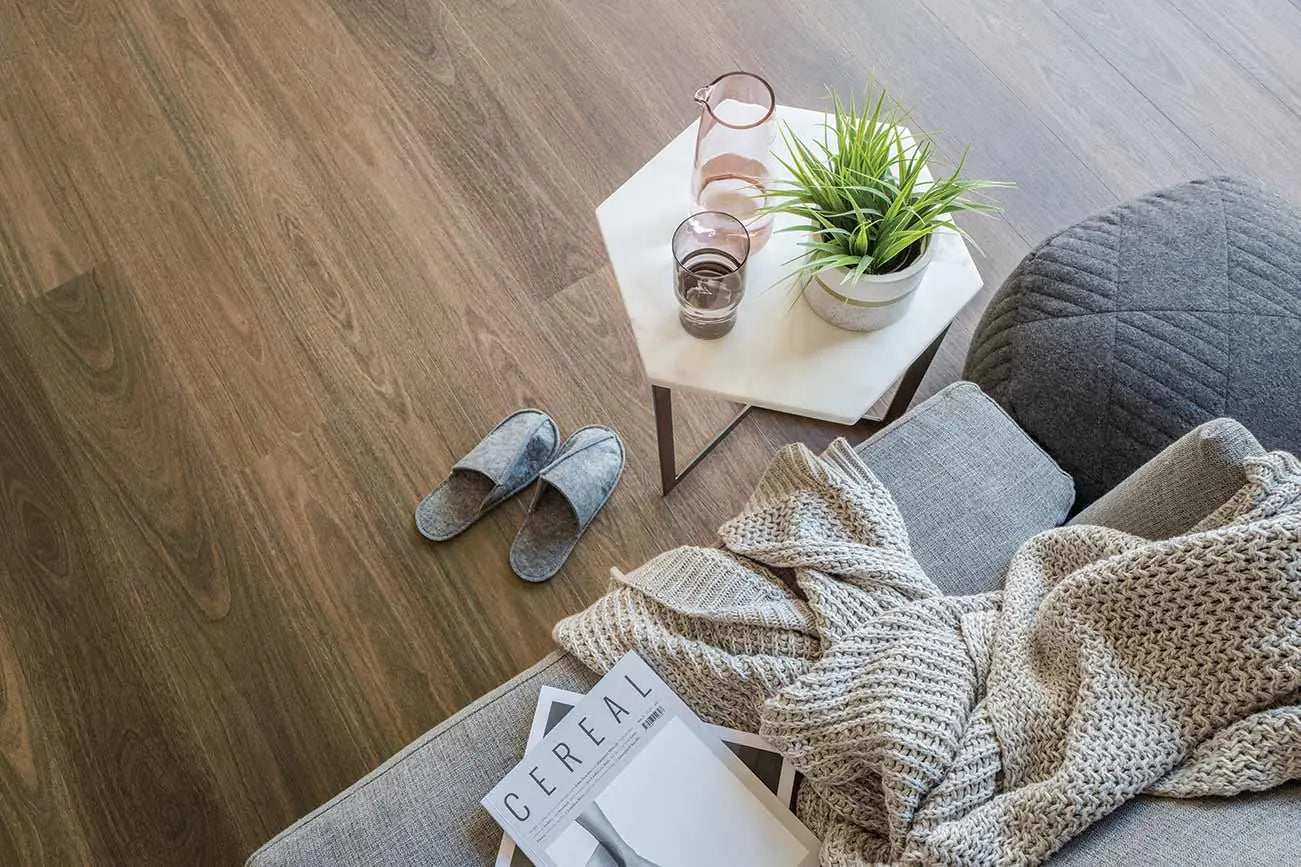 Australian Hybrid Plank Northern Spotted Gum in a contemporary living room with pastel artwork and bright styling