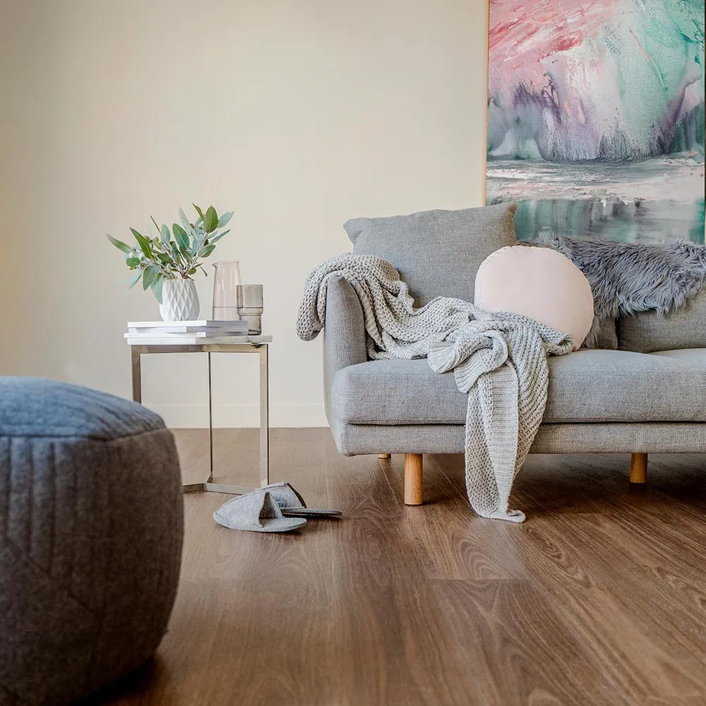 Australian Vinyl Plank Northern Spotted Gum in a contemporary living room with pastel artwork and bright styling