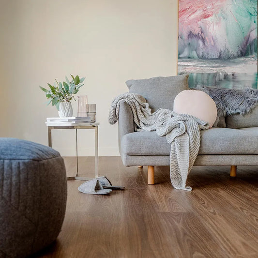 Australian Vinyl Plank Northern Spotted Gum in a contemporary living room with pastel artwork and bright styling