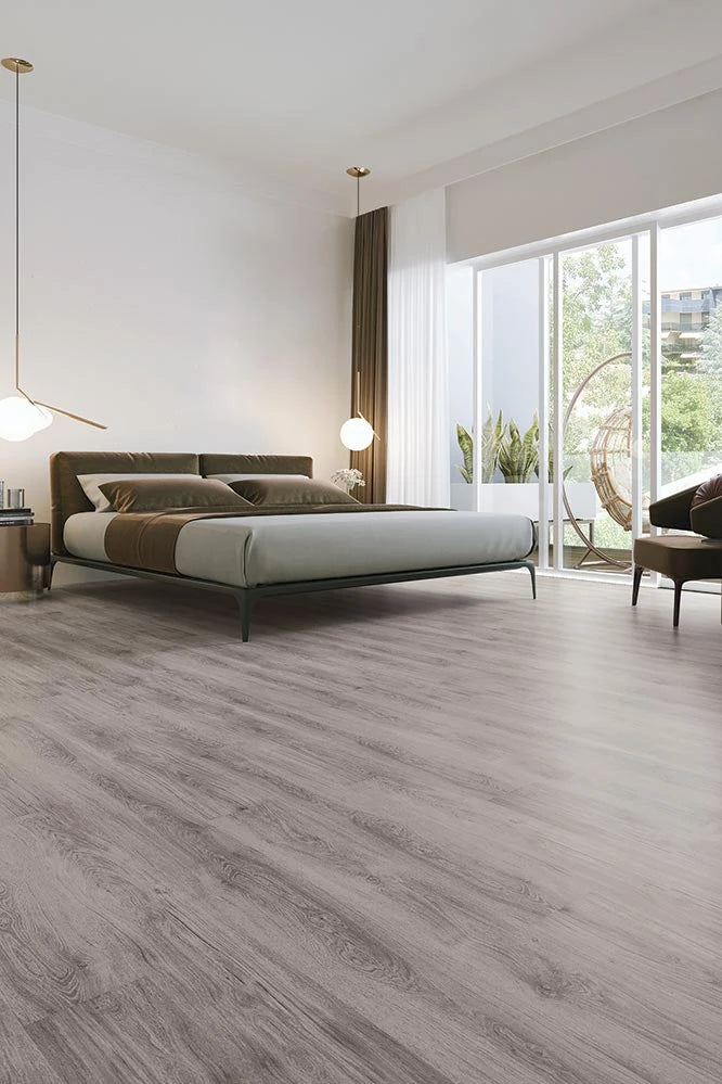 Highland Oak Hybrid Plank Smokey Isle in a contemporary bedroom with pendant lighting and a balcony outlook