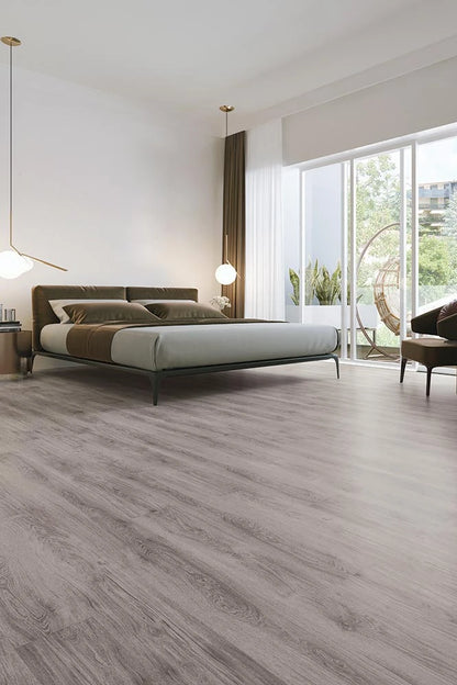 Highland Oak Hybrid Plank Smokey Isle in a contemporary bedroom with pendant lighting and a balcony outlook
