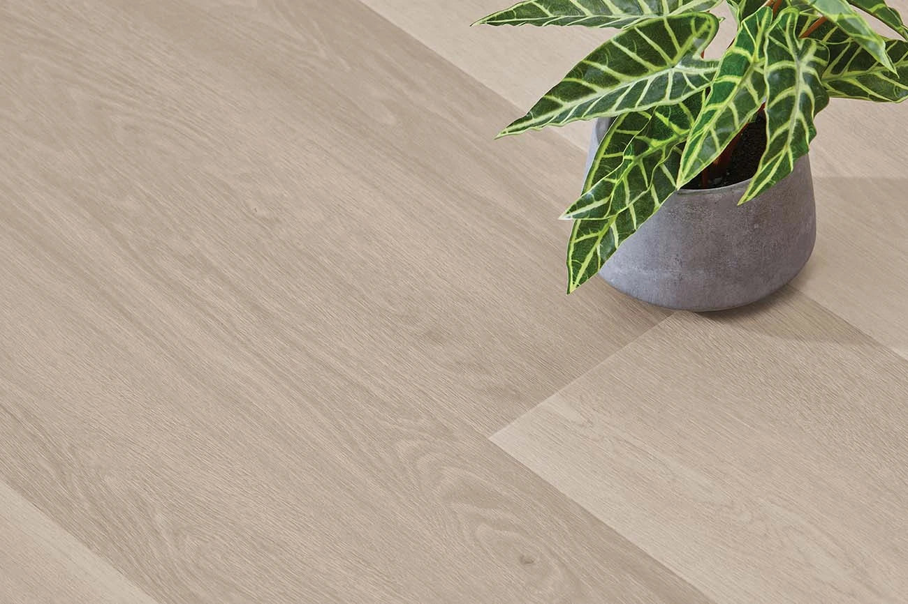 Smoked Oak Vinyl Plank Nordic Beech close-up styled with a concrete planter and a leafy indoor plant